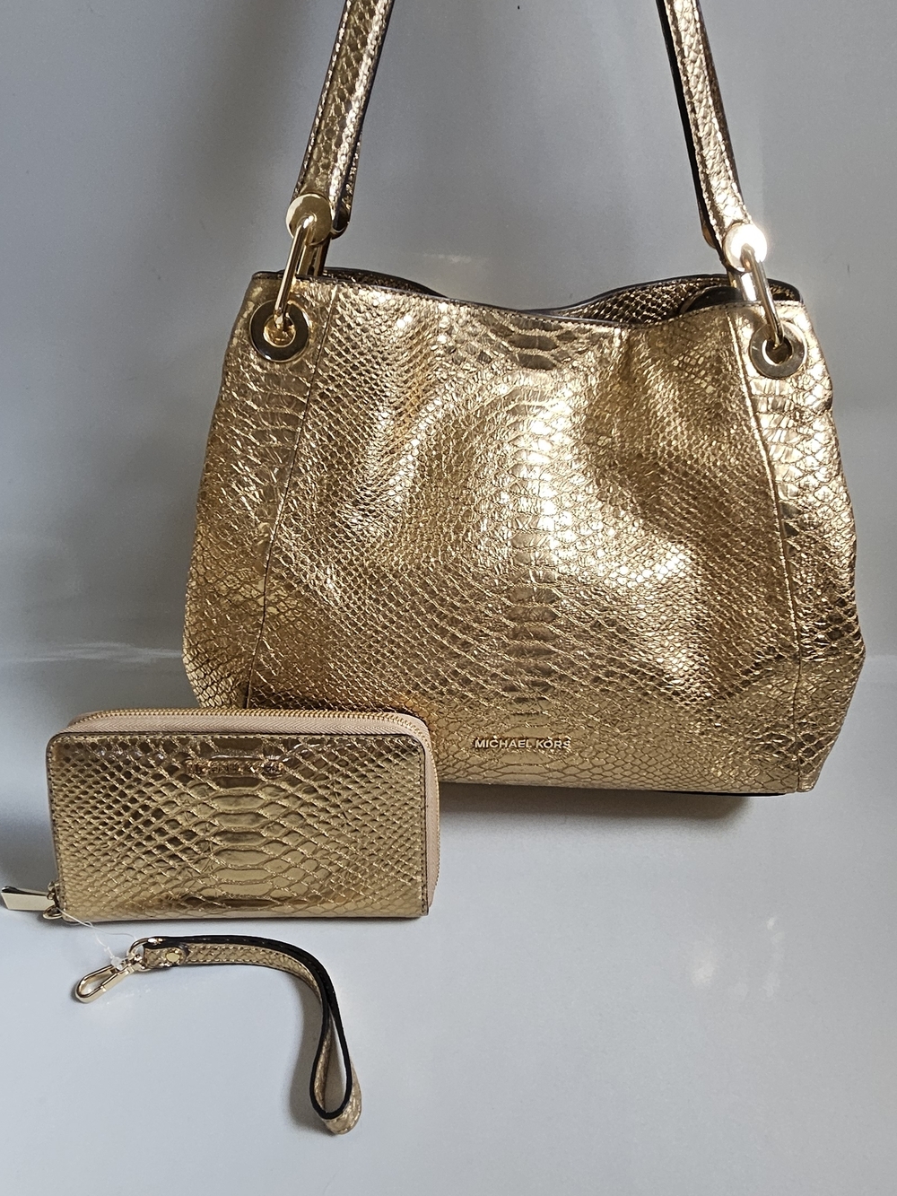 Authentic Michael Kors Metallic Buttery Soft Gold Snake-Embossed  w/ Wallet.NWT